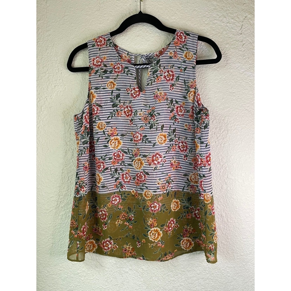 Cabi Floral Tank Top Striped Sleeveless Keyhole Blouse Casual S